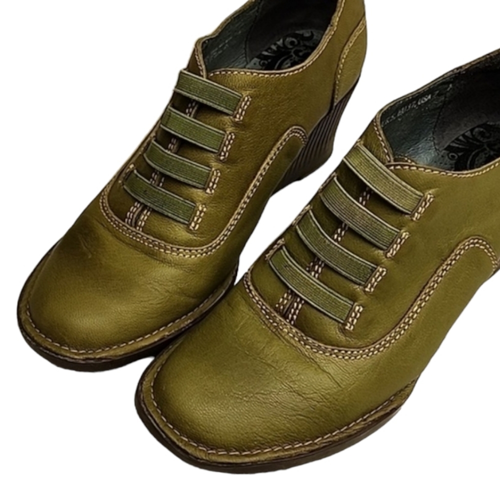 GROUNDHOG PORTUGAL Olive Leather Wedge Booties 7 37 Artsy Oxford Boots Slip On - Picture 10 of 16
